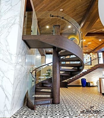 Kundenspezifische moderne Treppenhaus-klassische gewundene Treppen-hölzerner Korn-Stahlkonstruktions-Glasgeländer-Holz-Schritt